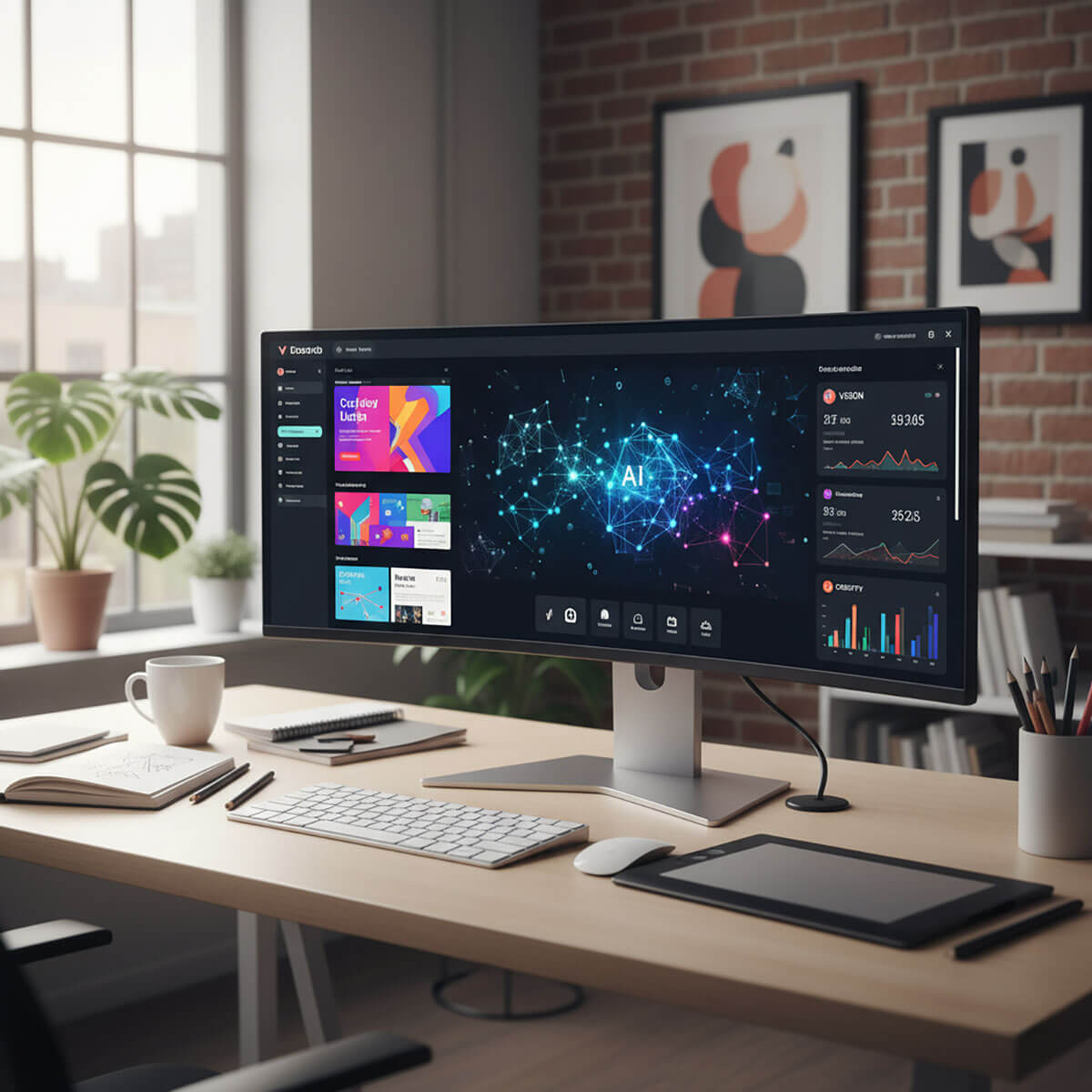 Desk with a screen with data driven creativity charts