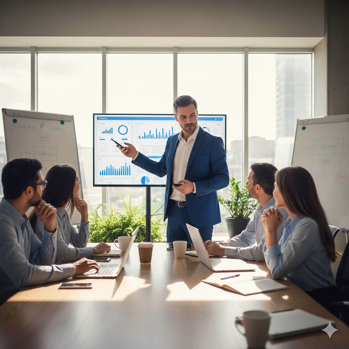 SEO consultant presenting strategy insights to a small client team in a modern office